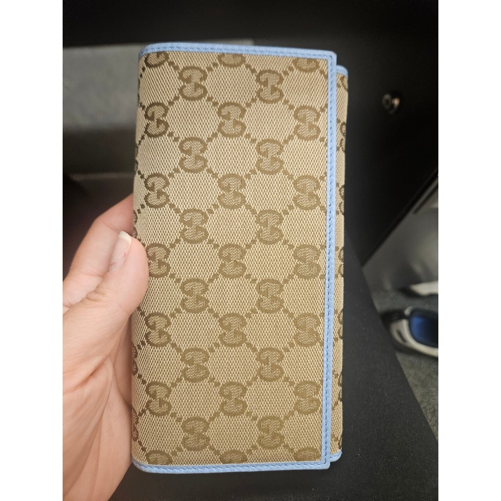 Gucci GG Supreme Monogram Continental Wallet Light Blue Leather Trim Long Flap